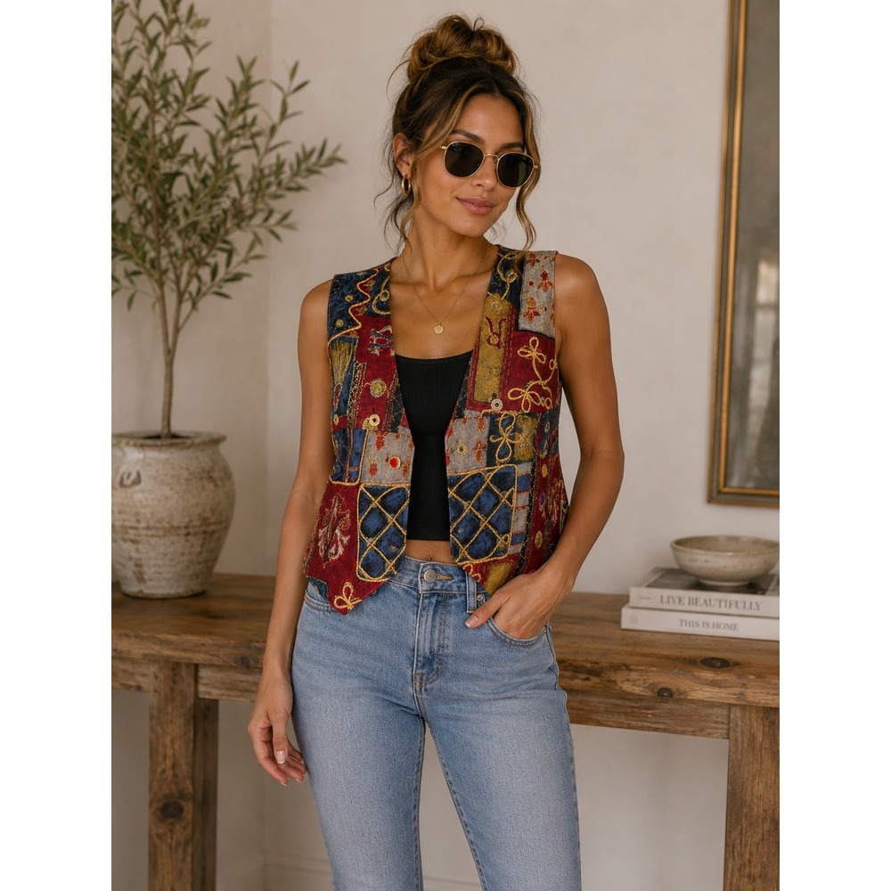 Jane Ashley Vintage Tapestry Patchwork Vest Gold Embroidery Jewel Button Large